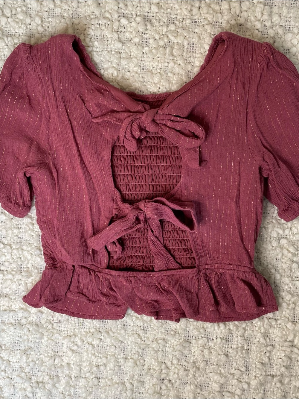 Franki Girls' Smocked Peplum Top in Rosewood with Subtle Metallic Thread Size 14 - Picture 2 of 8